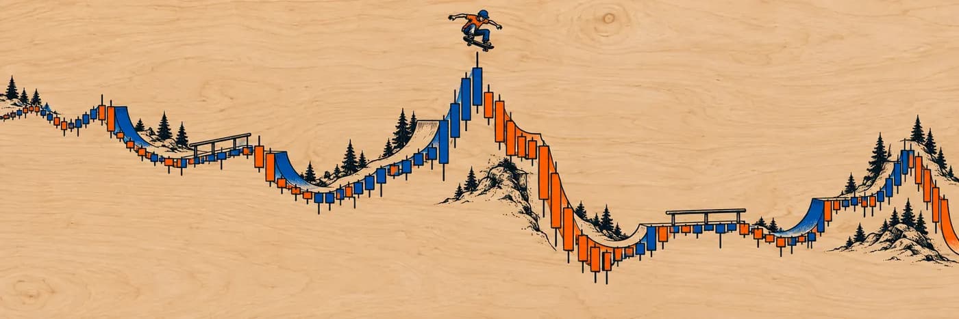 A skater catching air over a candlestick chart shaped like a skatepark, screen-printed on maple