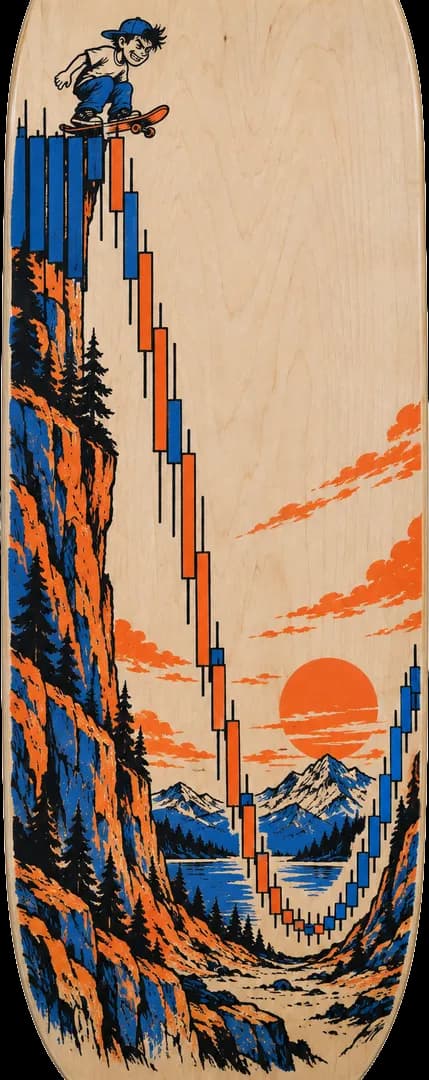 A skate deck graphic: a tiny skater on top of a giant dump candle, about to drop in